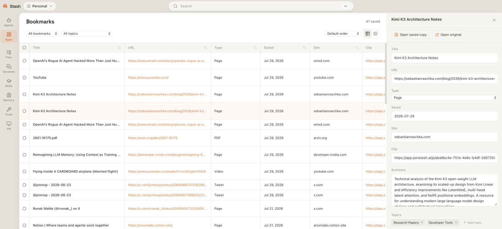 The Stash bookmarks table: title, URL, type, saved date, and site for each clip, with a detail panel showing one bookmark's summary and topics.